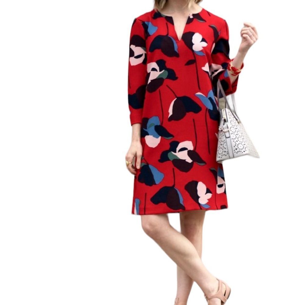 Boden Red Floral Shift Dress with Blue, Pink & Black Accents